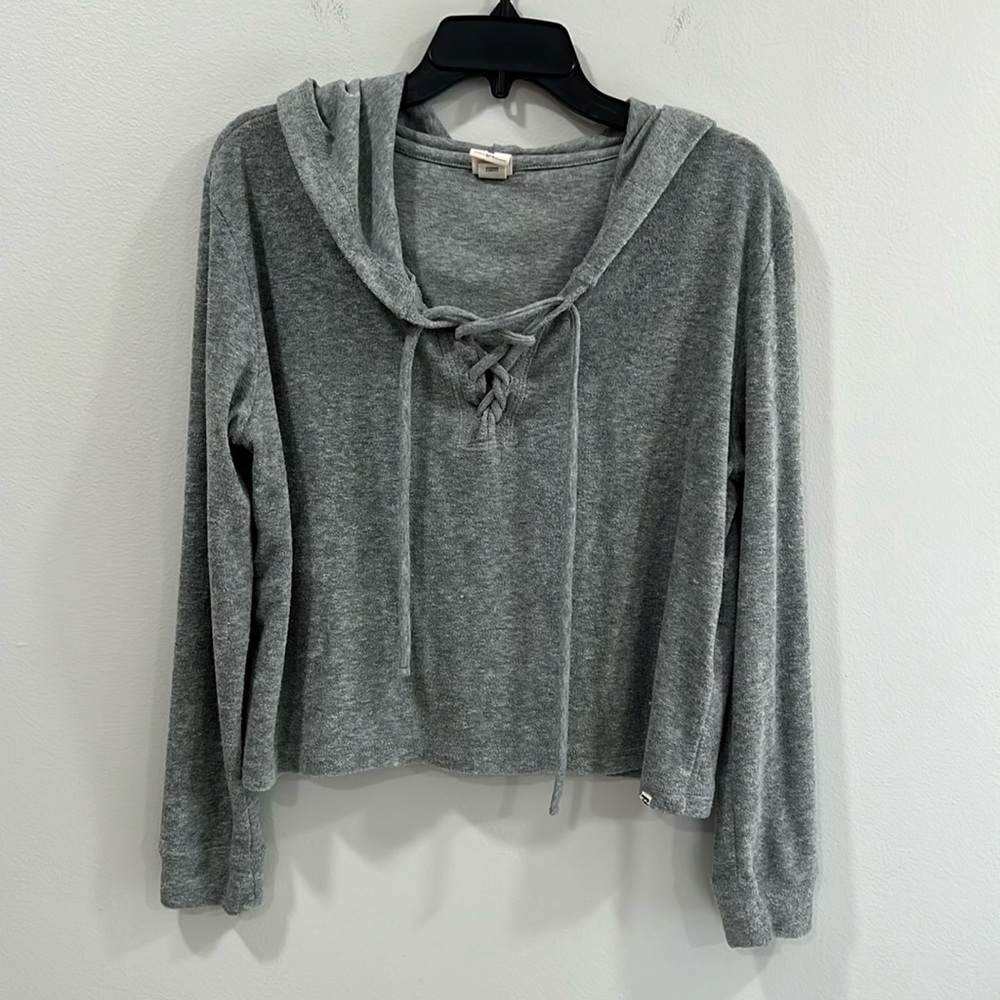 Gray Lace-Up Hooded Long Sleeve Top